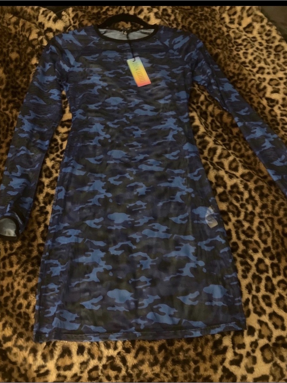 Blue Camo Long Sleeve mesh Dress with Thumbholes - Women's